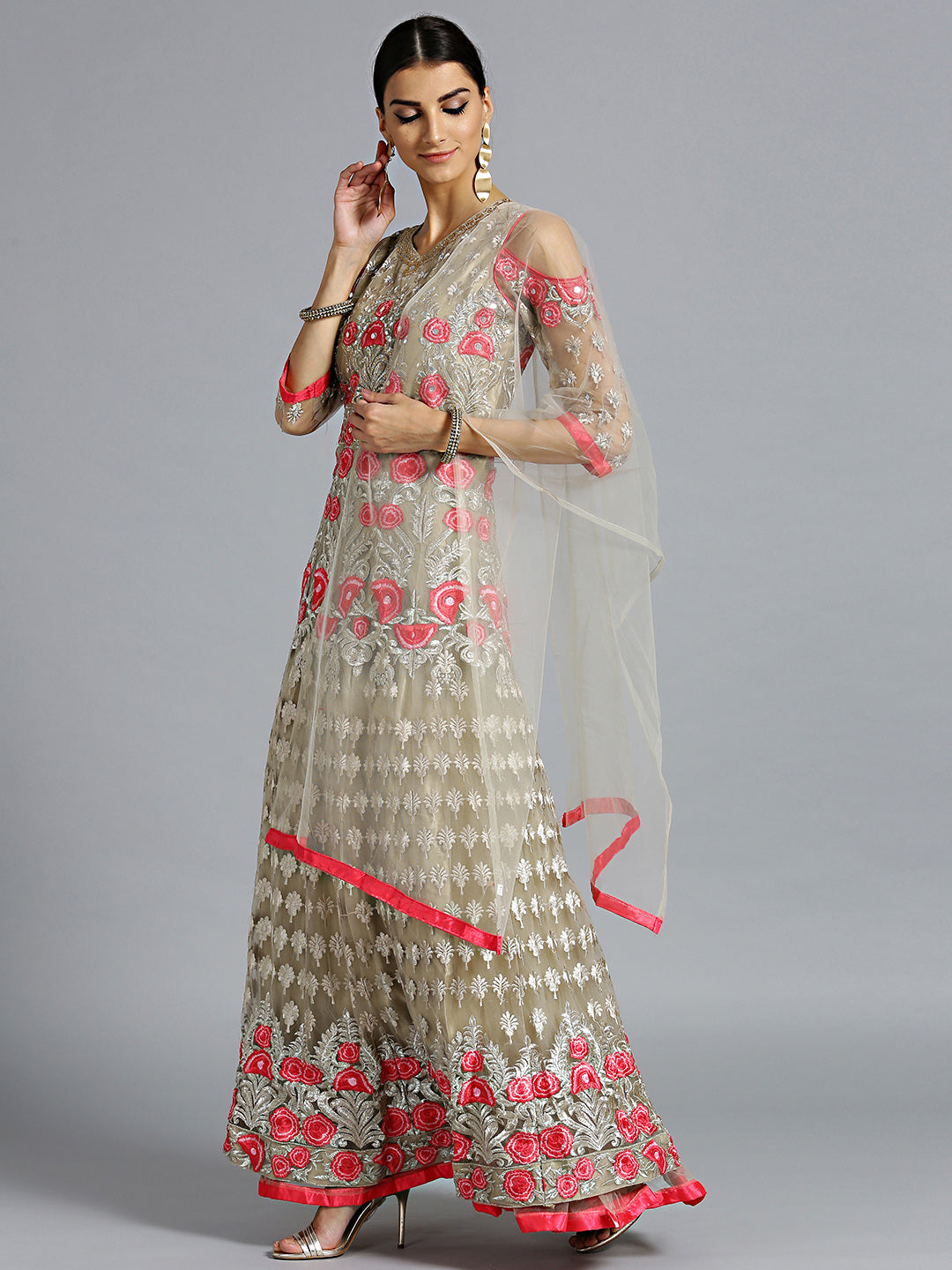 Resham Embroidered Floor Length Suit with Mirror Work