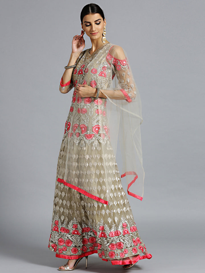 Resham Embroidered Floor Length Suit with Mirror Work
