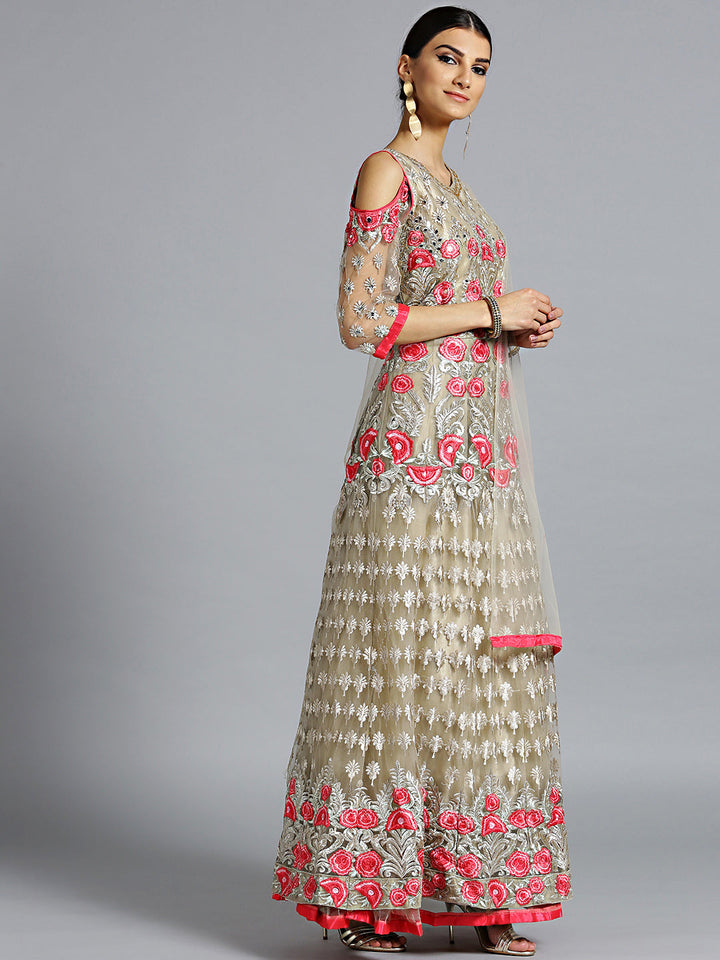 Resham Embroidered Floor Length Suit with Mirror Work