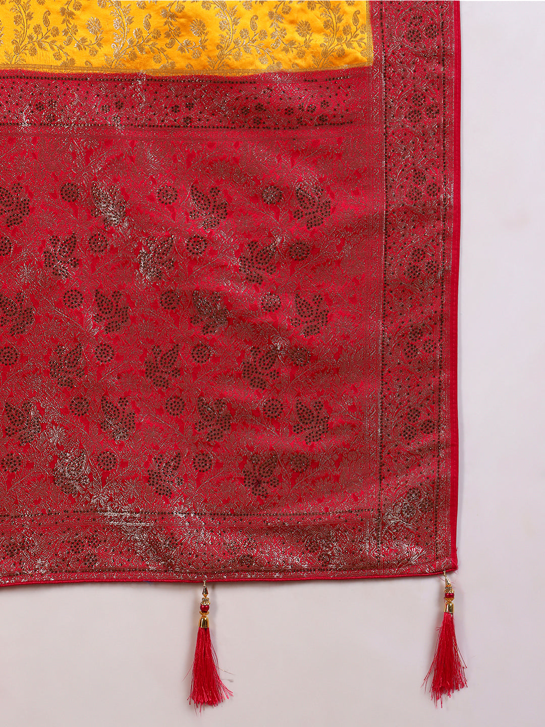 Banarasi Crystal Embellished Handloom Silk Saree with Intricate Zari Woven Floral Motifs