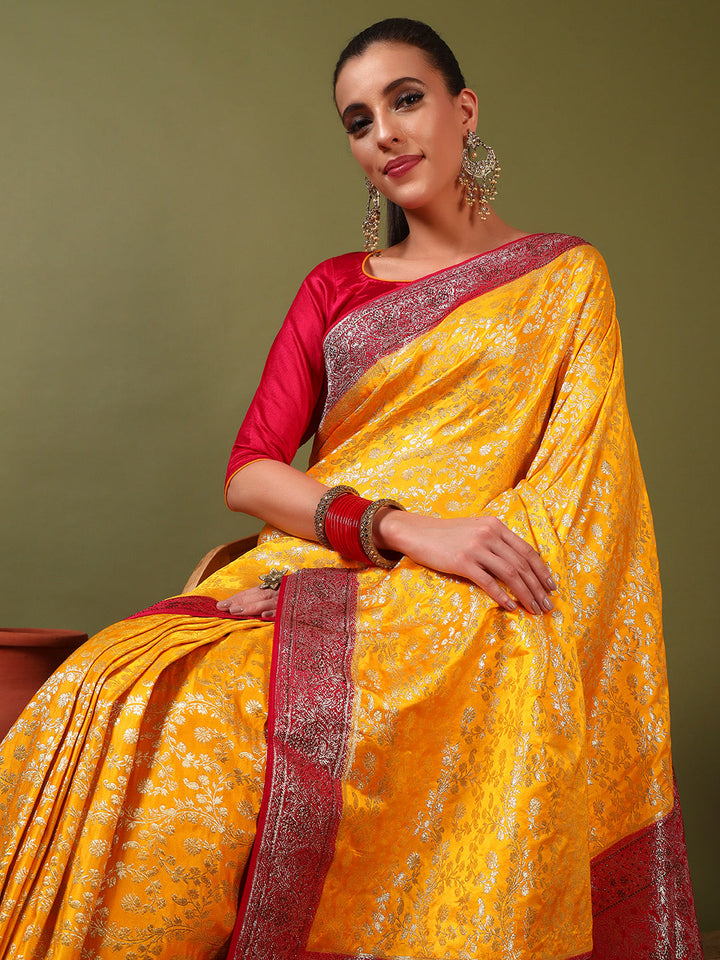 Banarasi Crystal Embellished Handloom Silk Saree with Intricate Zari Woven Floral Motifs