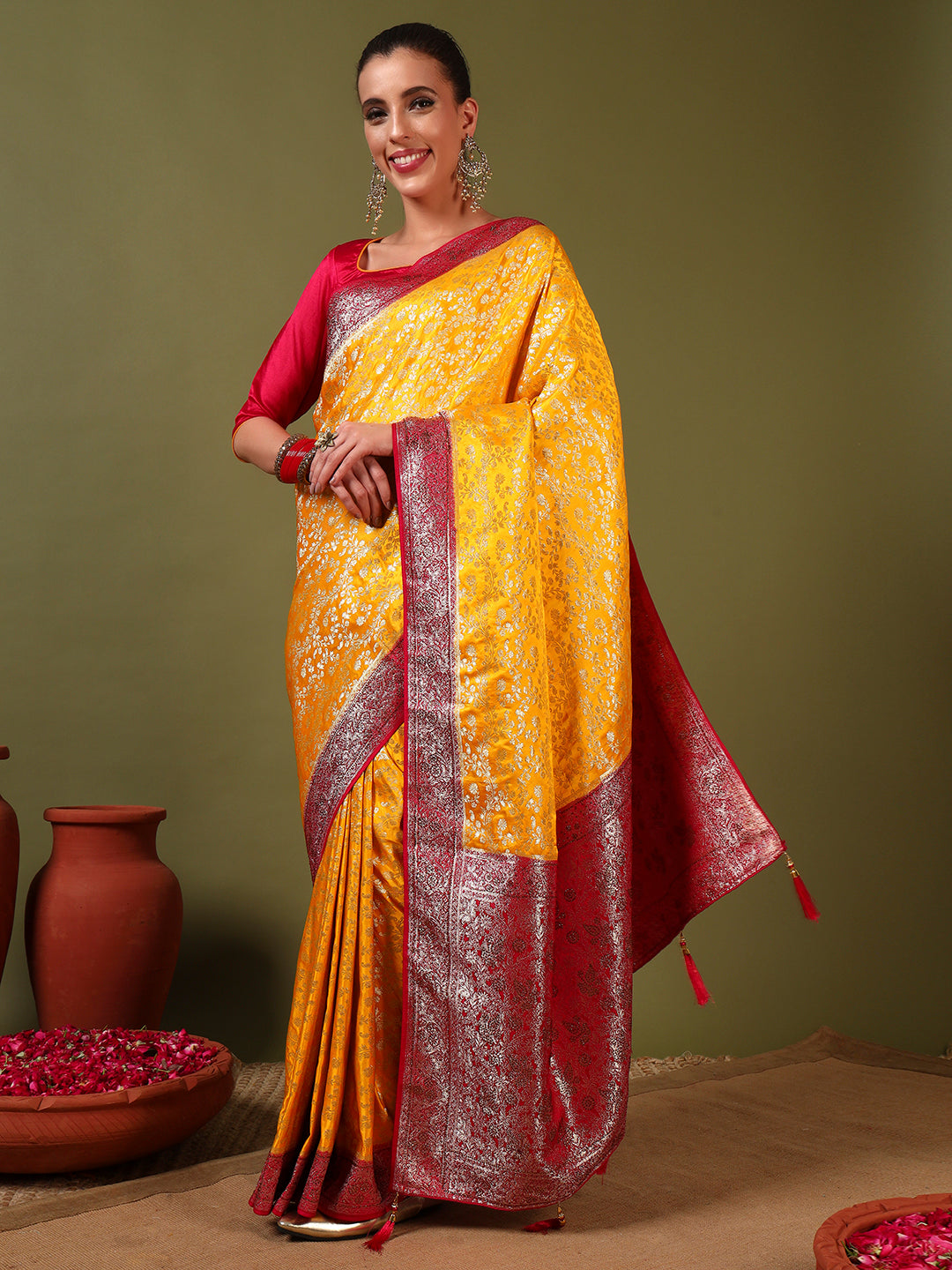 Banarasi Crystal Embellished Handloom Silk Saree with Intricate Zari Woven Floral Motifs