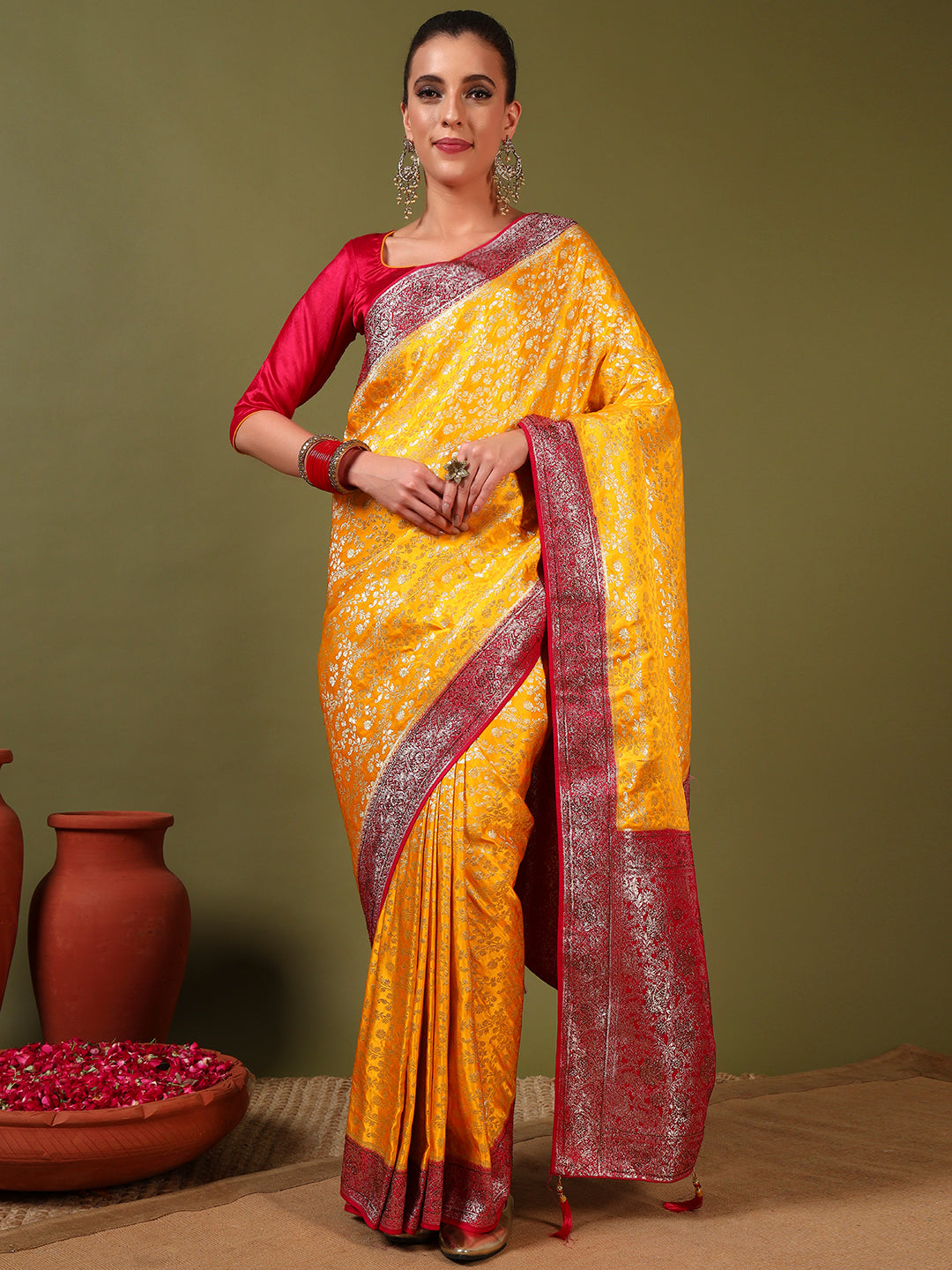 Banarasi Crystal Embellished Handloom Silk Saree with Intricate Zari Woven Floral Motifs