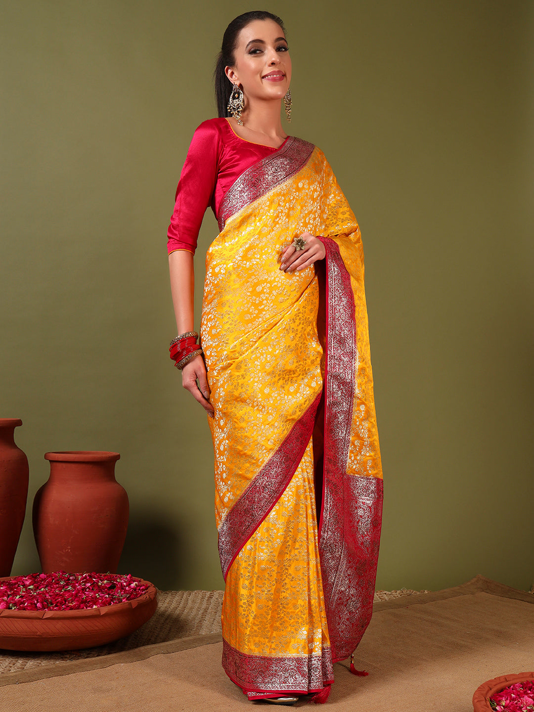 Banarasi Crystal Embellished Handloom Silk Saree with Intricate Zari Woven Floral Motifs