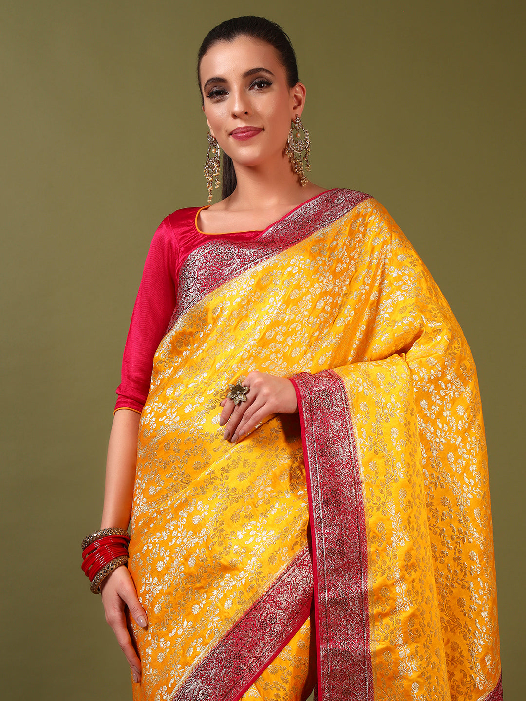 Banarasi Crystal Embellished Handloom Silk Saree with Intricate Zari Woven Floral Motifs