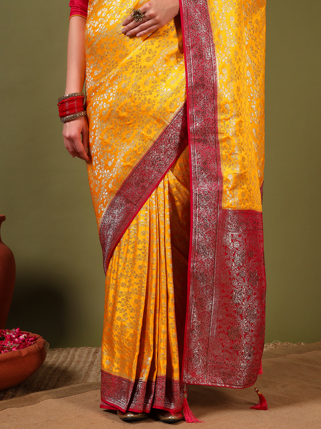 Banarasi Crystal Embellished Handloom Silk Saree with Intricate Zari Woven Floral Motifs