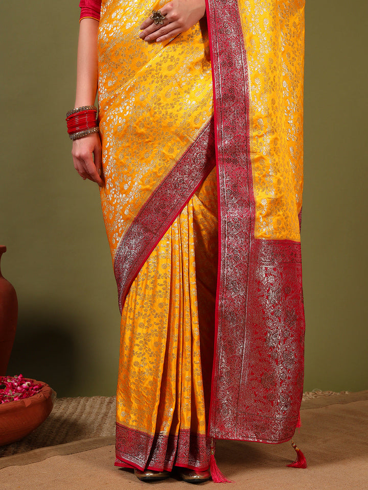 Banarasi Crystal Embellished Handloom Silk Saree with Intricate Zari Woven Floral Motifs