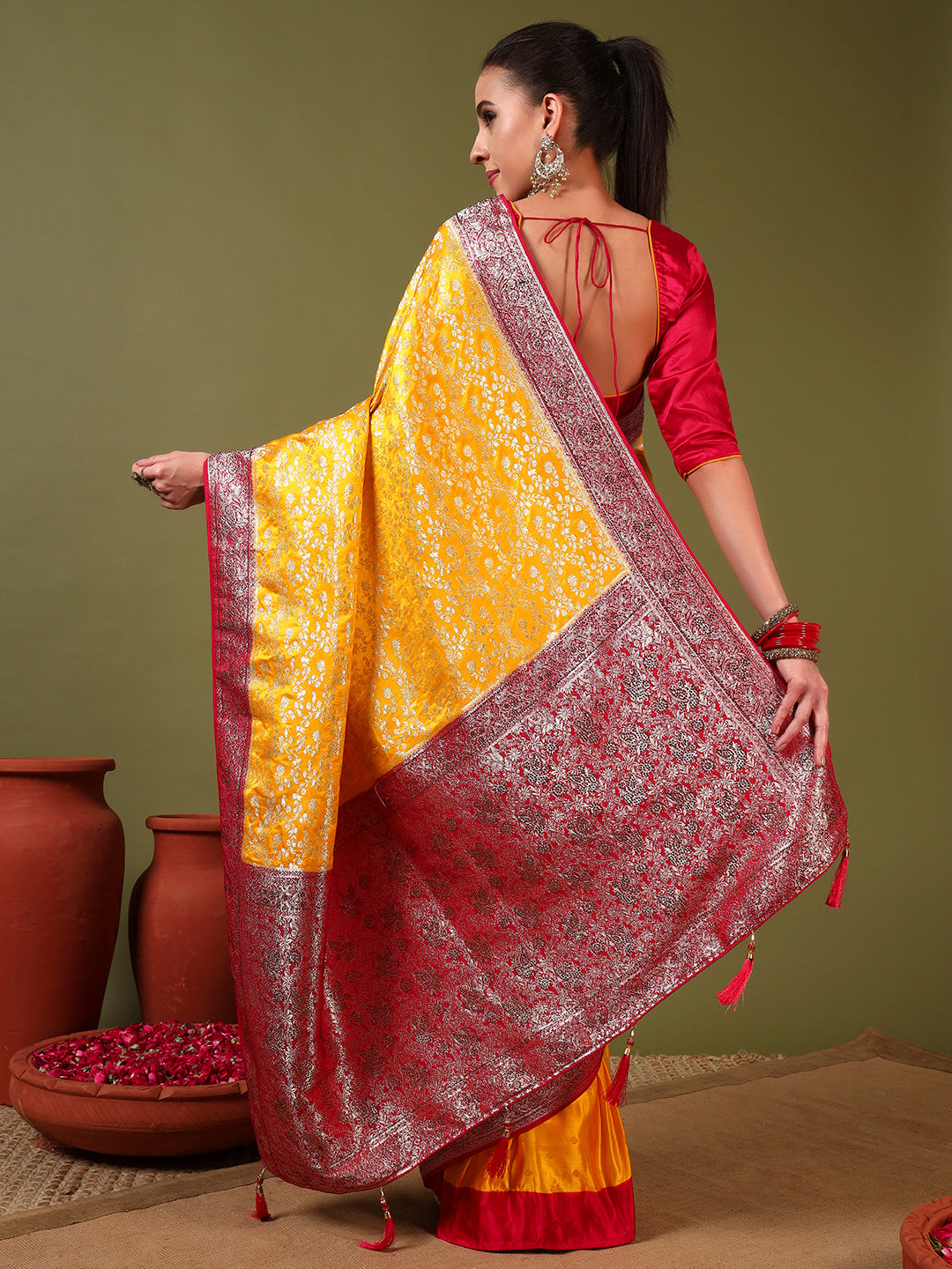 Banarasi Crystal Embellished Handloom Silk Saree with Intricate Zari Woven Floral Motifs