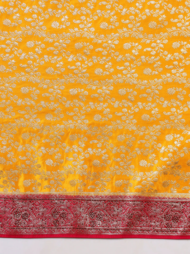 Banarasi Crystal Embellished Handloom Silk Saree with Intricate Zari Woven Floral Motifs