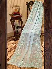 Aqua Blue Floral Embroidered Organza Saree