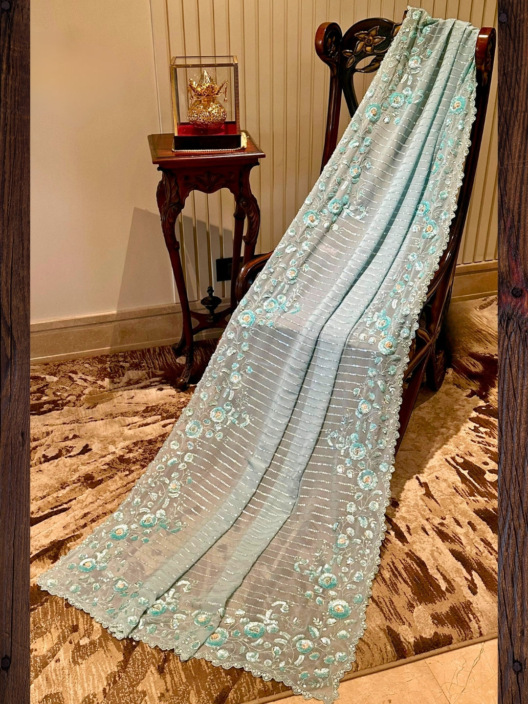 Aqua Blue Floral Embroidered Organza Saree