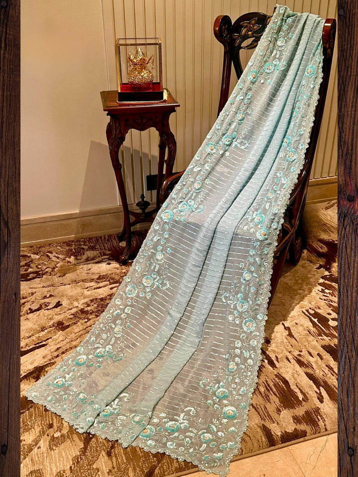 Aqua Blue Floral Embroidered Organza Saree