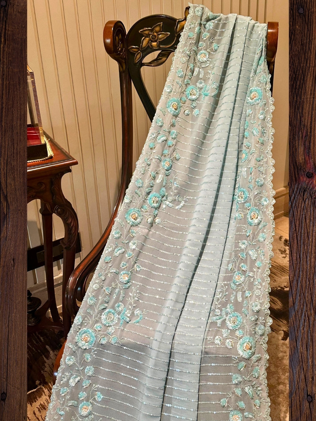 Aqua Blue Floral Embroidered Organza Saree