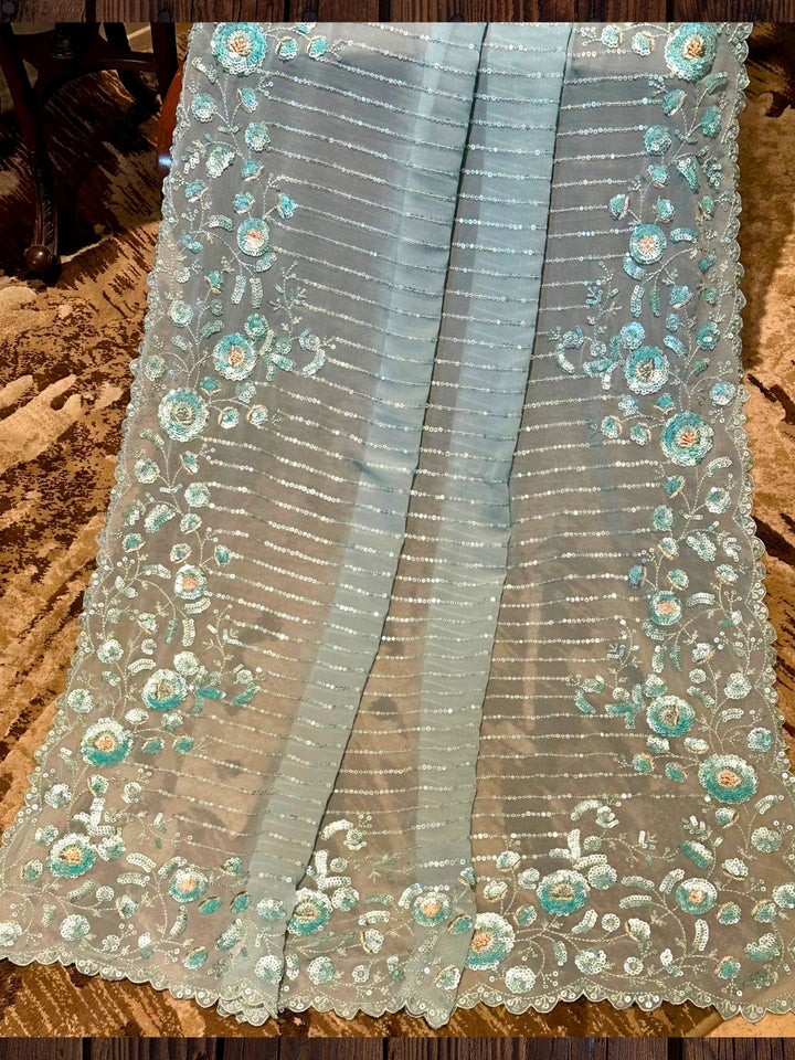 Aqua Blue Floral Embroidered Organza Saree