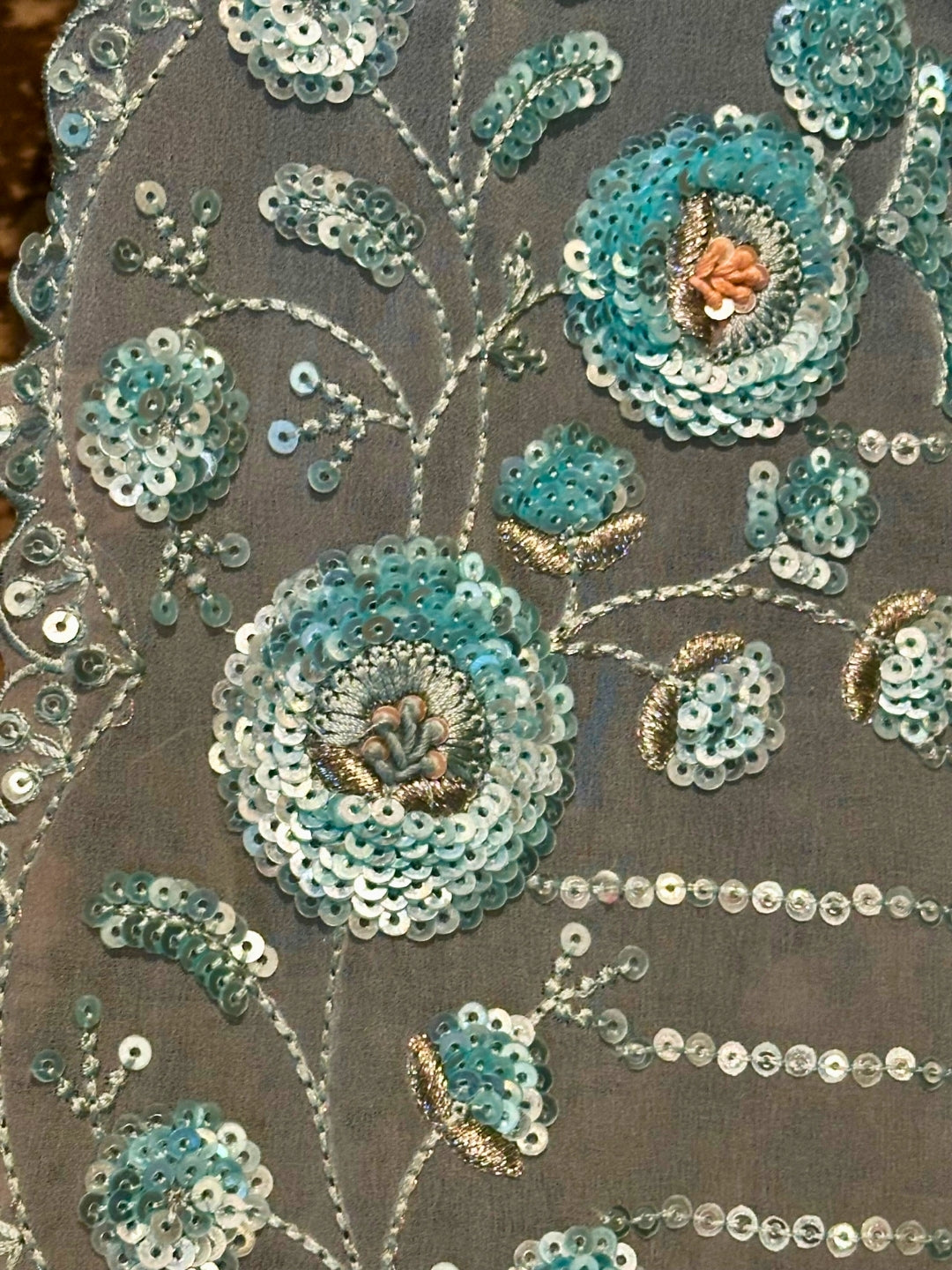 Aqua Blue Floral Embroidered Organza Saree