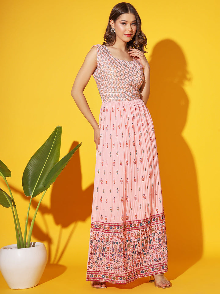 Coral Block Printed Nyraa Style High Slit Kurta Set with Embellishment