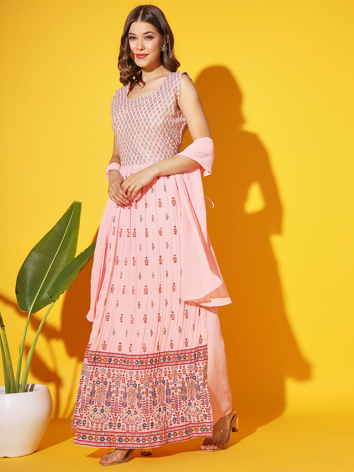 Coral Block Printed Nyraa Style High Slit Kurta Set with Embellishment
