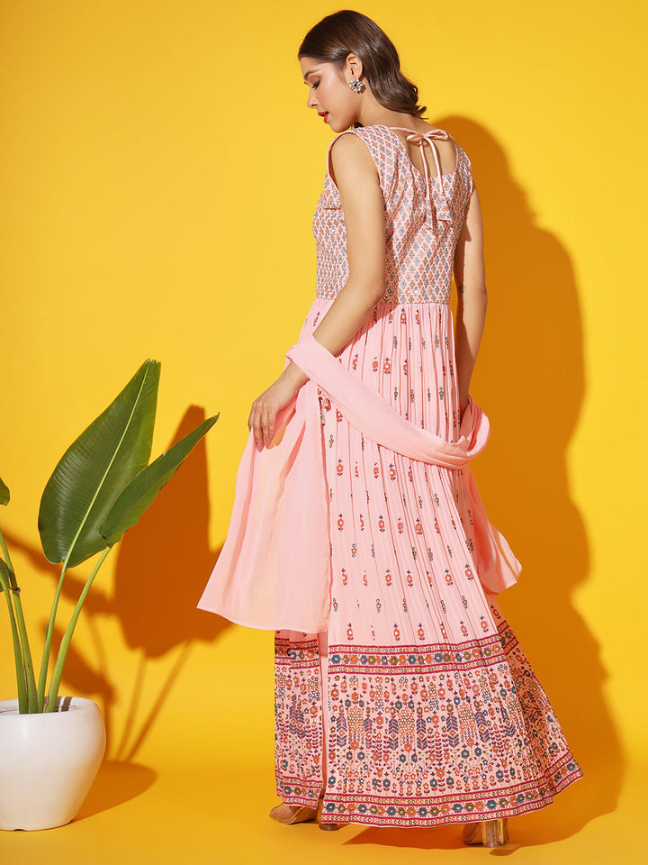Coral Block Printed Nyraa Style High Slit Kurta Set with Embellishment