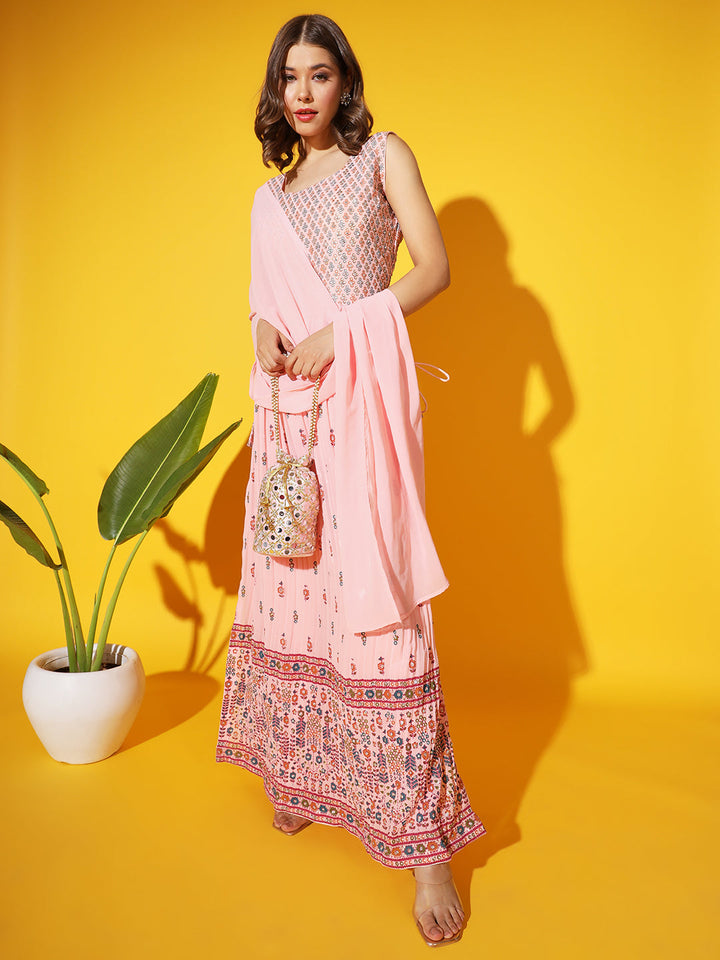 Coral Block Printed Nyraa Style High Slit Kurta Set with Embellishment