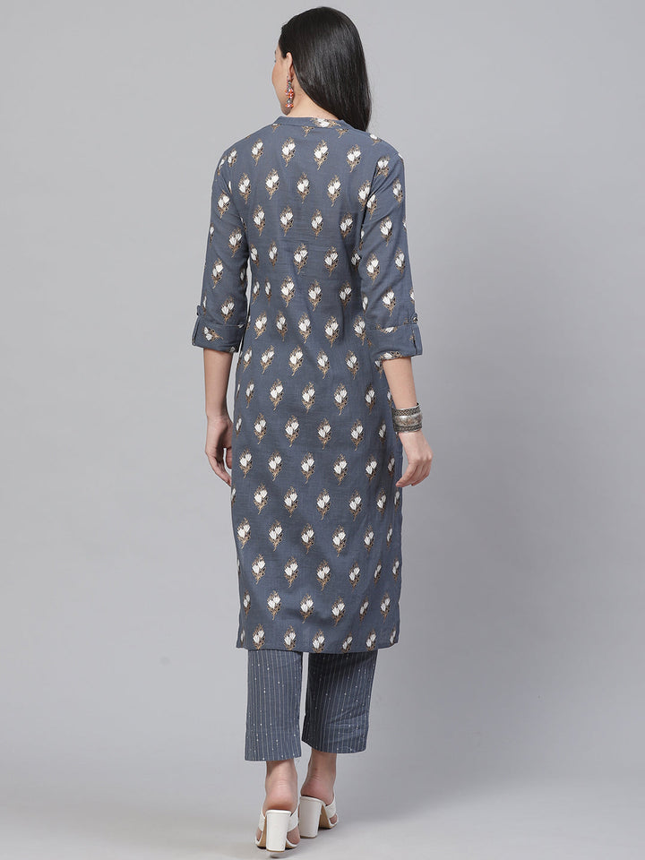 Made to Measure Grey Kurta Pants Set With Ethnic Block Printing & Sequence Embellishment