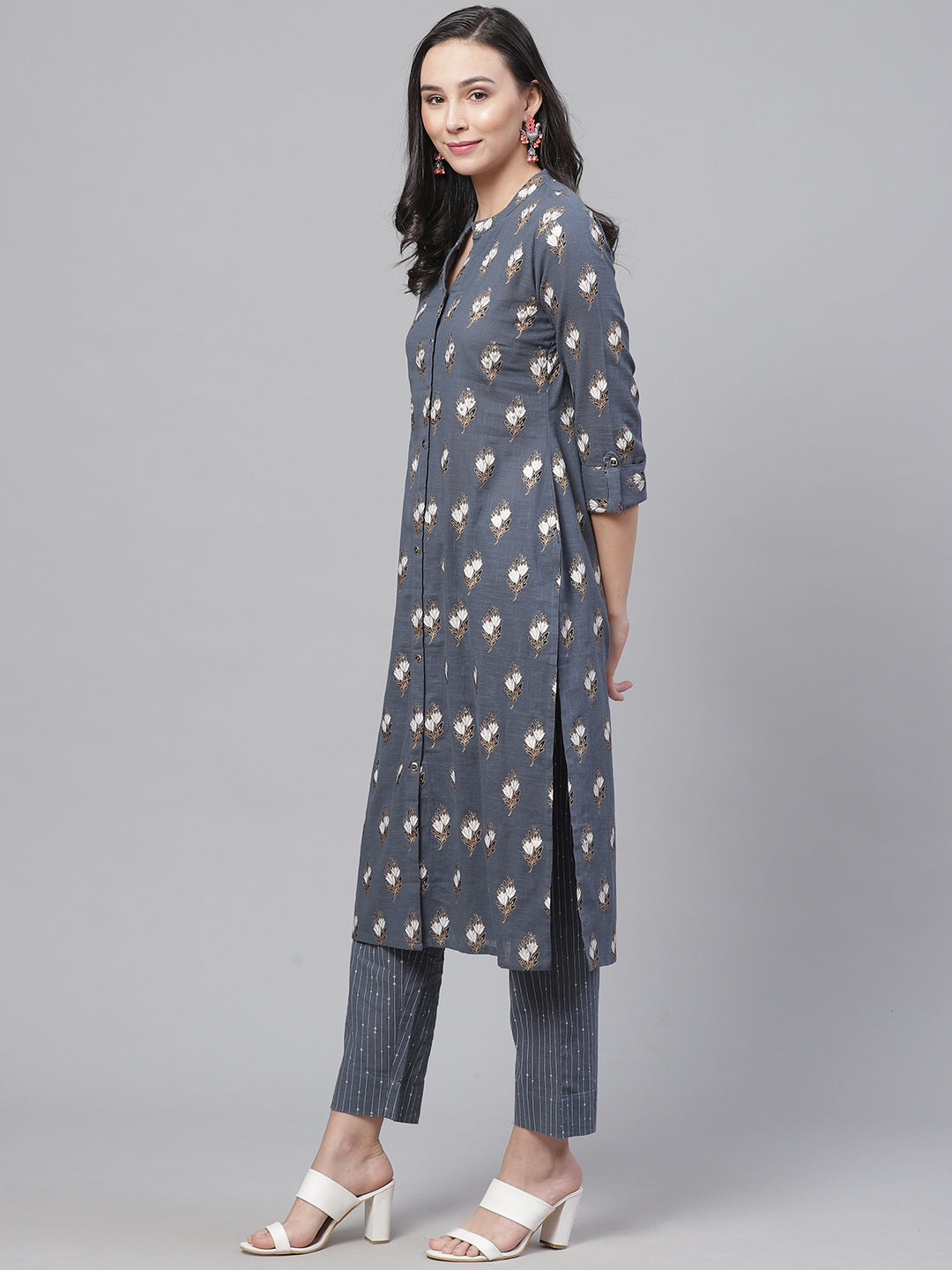 Made to Measure Grey Kurta Pants Set With Ethnic Block Printing & Sequence Embellishment