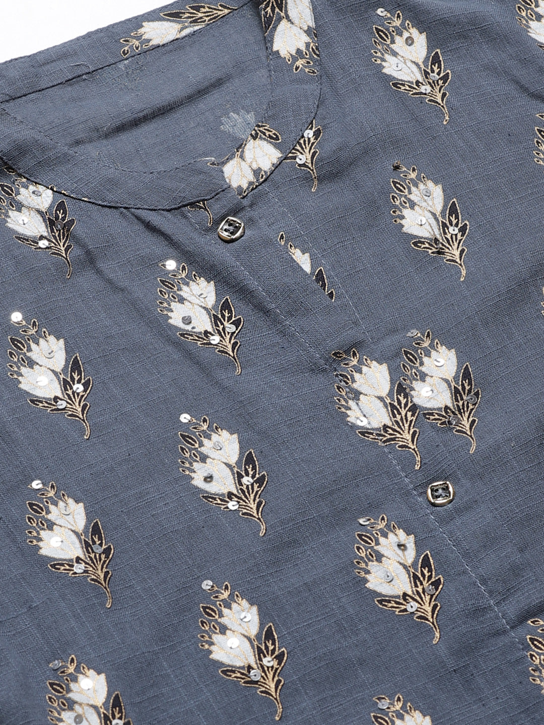 Made to Measure Grey Kurta Pants Set With Ethnic Block Printing & Sequence Embellishment