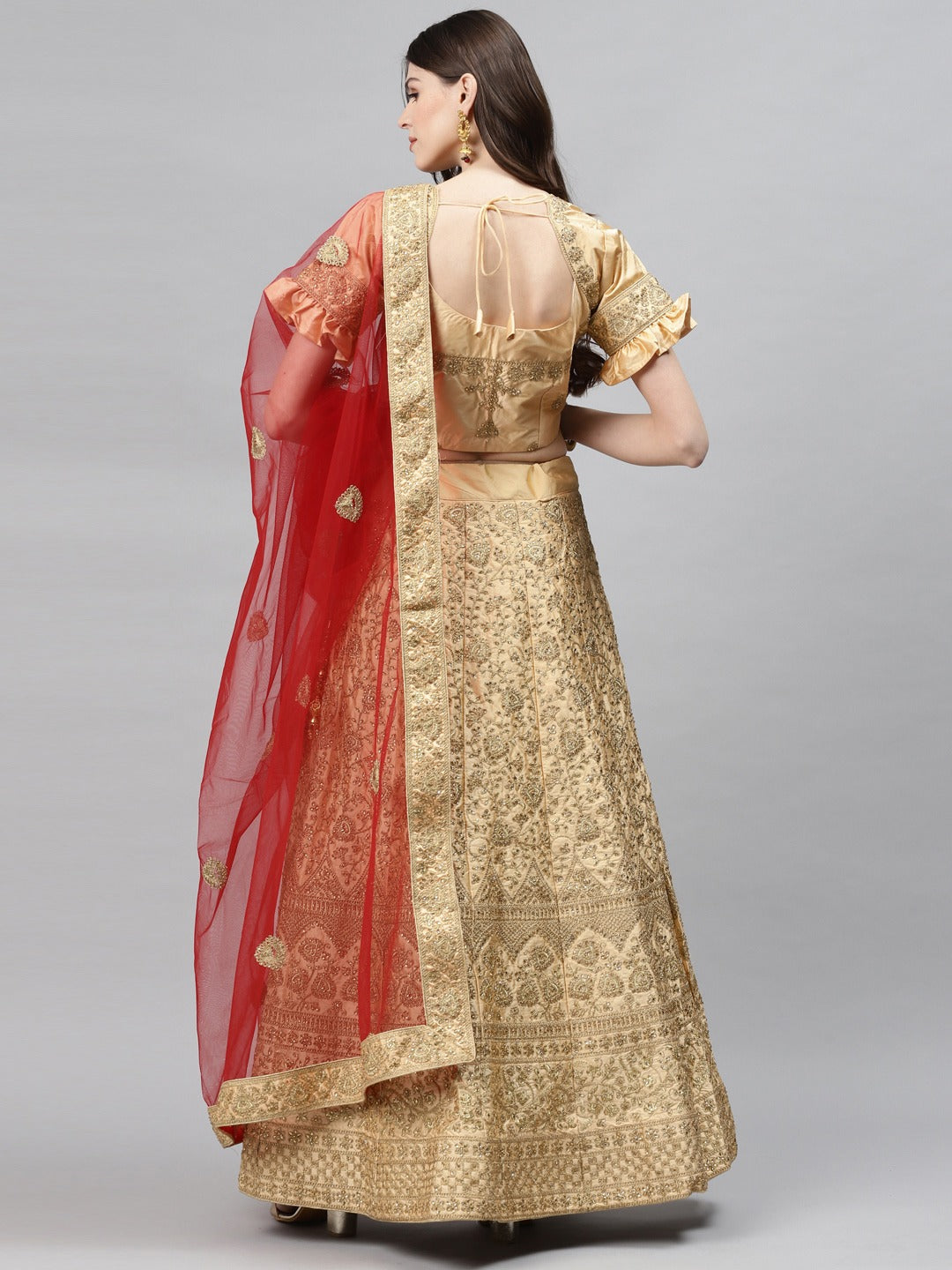 Semi-stitched Lehenga Set with Mughal Motif Embroidery & Contrast Embellished Dupatta
