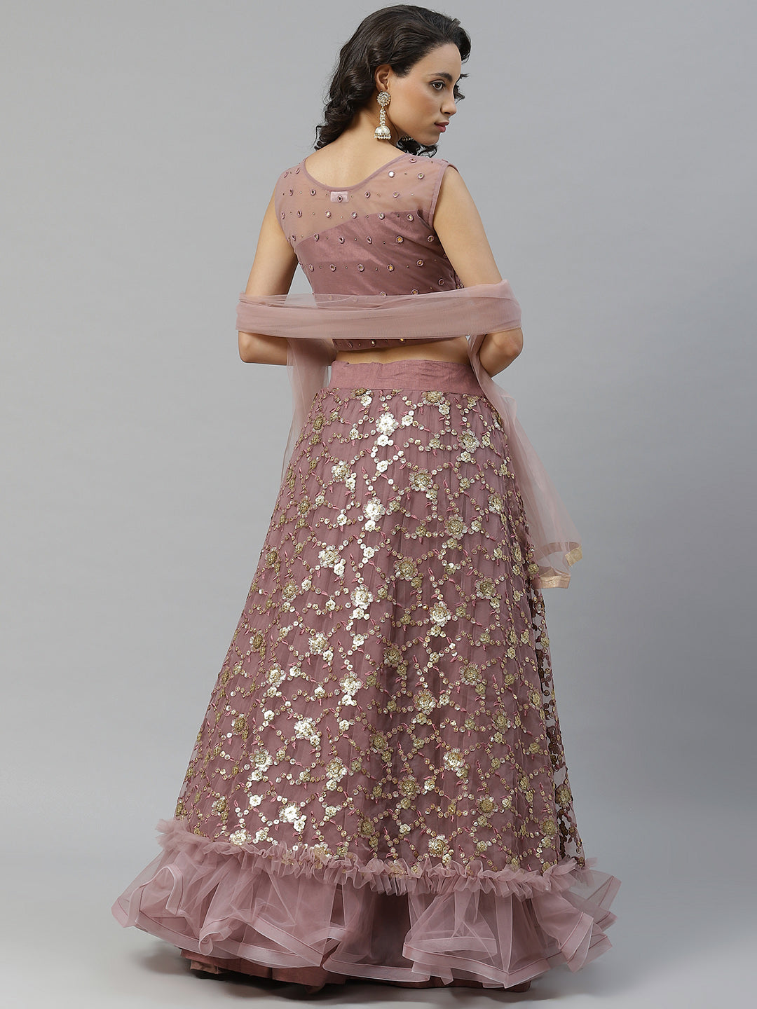 Made to Measure Mauve Frills & Layers Lehenga Set With Mirror & Sequence Embroidery