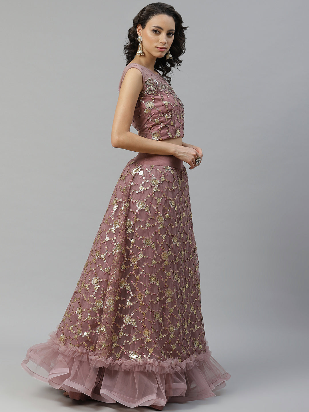 Made to Measure Mauve Frills & Layers Lehenga Set With Mirror & Sequence Embroidery