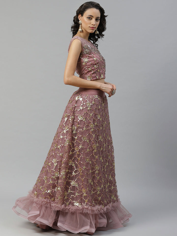 Made to Measure Mauve Frills & Layers Lehenga Set With Mirror & Sequence Embroidery