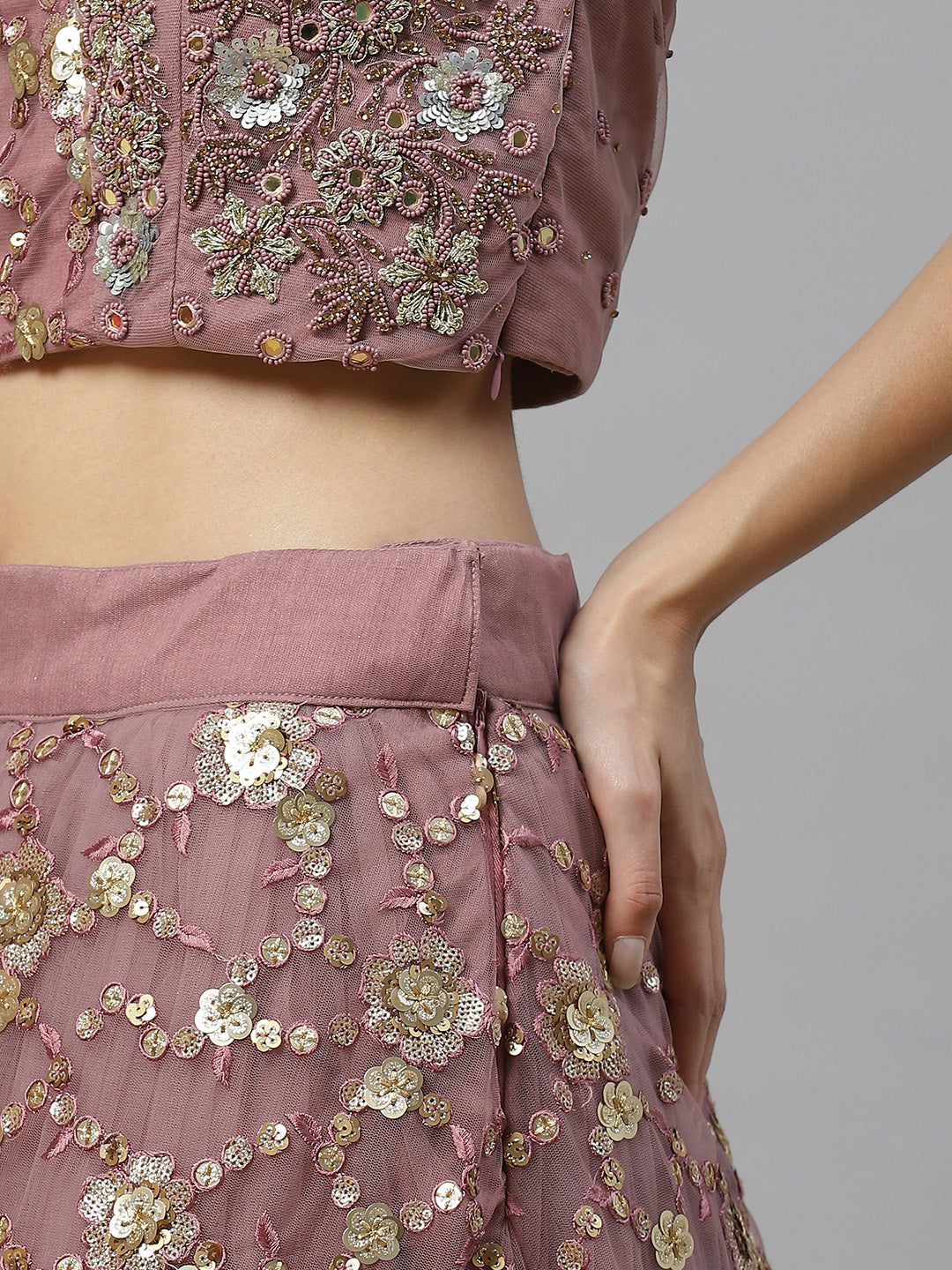 Made to Measure Mauve Frills & Layers Lehenga Set With Mirror & Sequence Embroidery