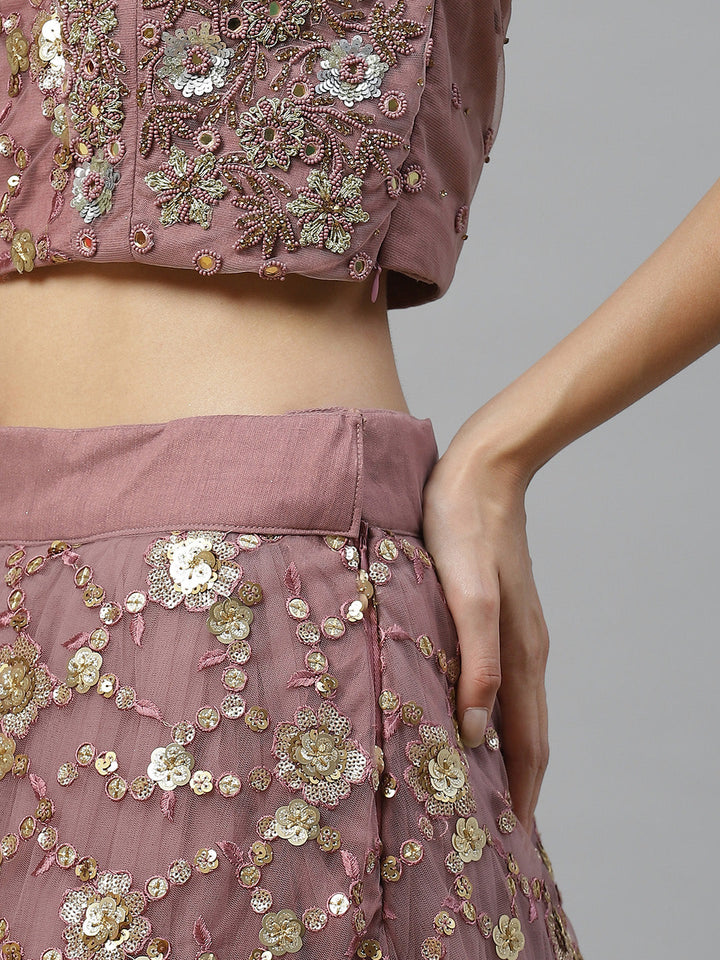 Made to Measure Mauve Frills & Layers Lehenga Set With Mirror & Sequence Embroidery