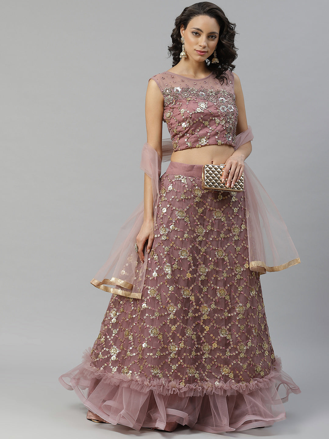 Made to Measure Mauve Frills & Layers Lehenga Set With Mirror & Sequence Embroidery