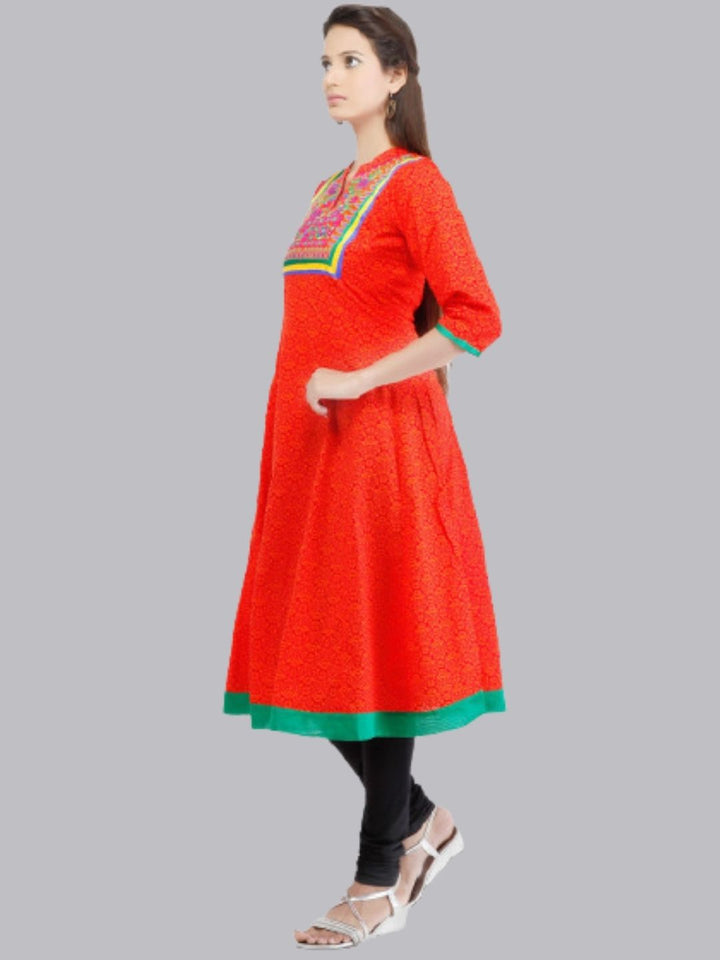 Red Cotton Anarkali Kurti With Embroidered Neckine
