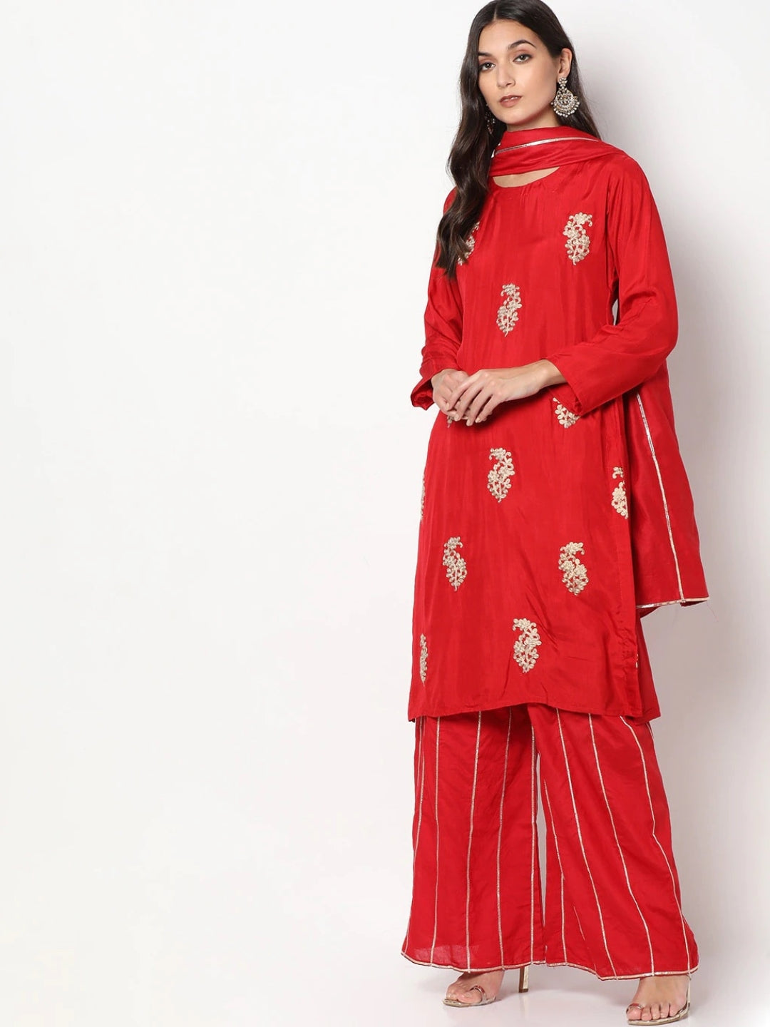 Floral Gota Patti Embroidered Kurta With Striped Pallazo and Dupatta