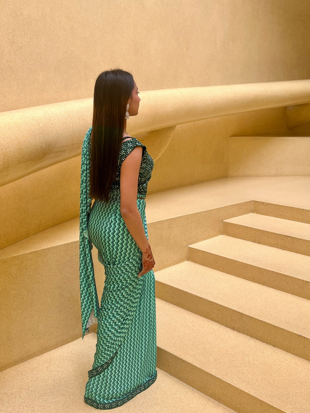 Chevron Print Saree with Mirror Embroidery Blouse and Belt