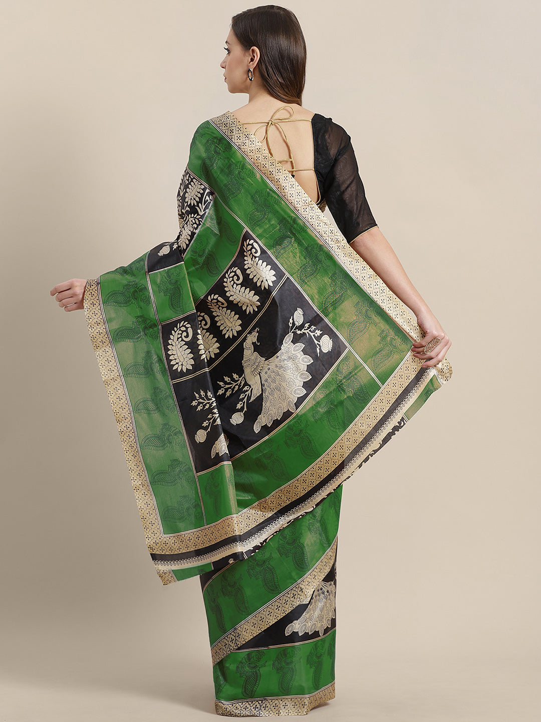 Black Green Bhagalpuri Silk Saree with Ethnic Paisley & Peacock Print
