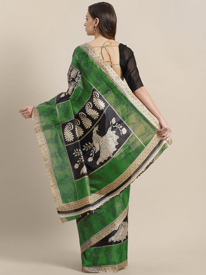 Black Green Bhagalpuri Silk Saree with Ethnic Paisley & Peacock Print