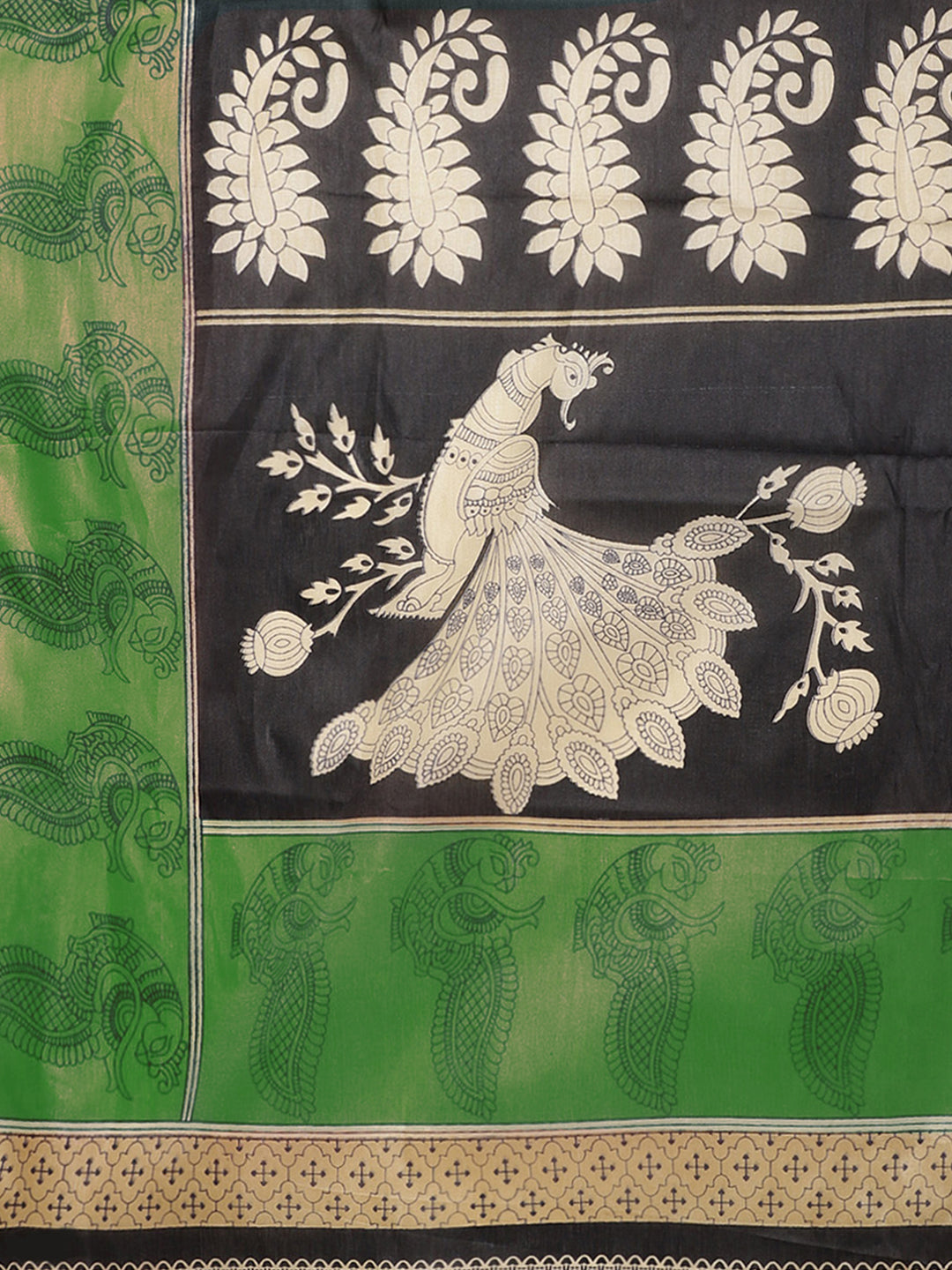 Black Green Bhagalpuri Silk Saree with Ethnic Paisley & Peacock Print