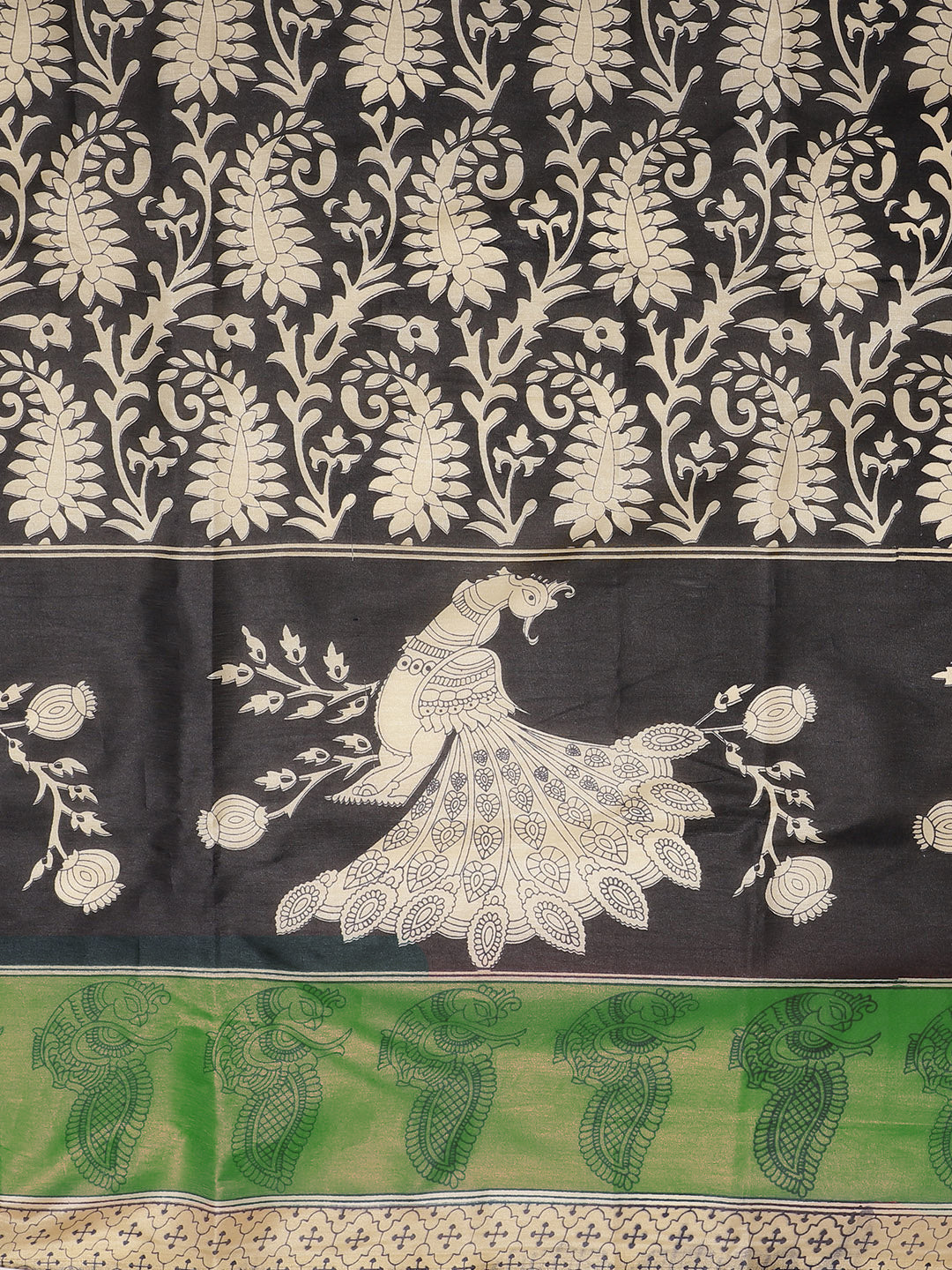 Black Green Bhagalpuri Silk Saree with Ethnic Paisley & Peacock Print