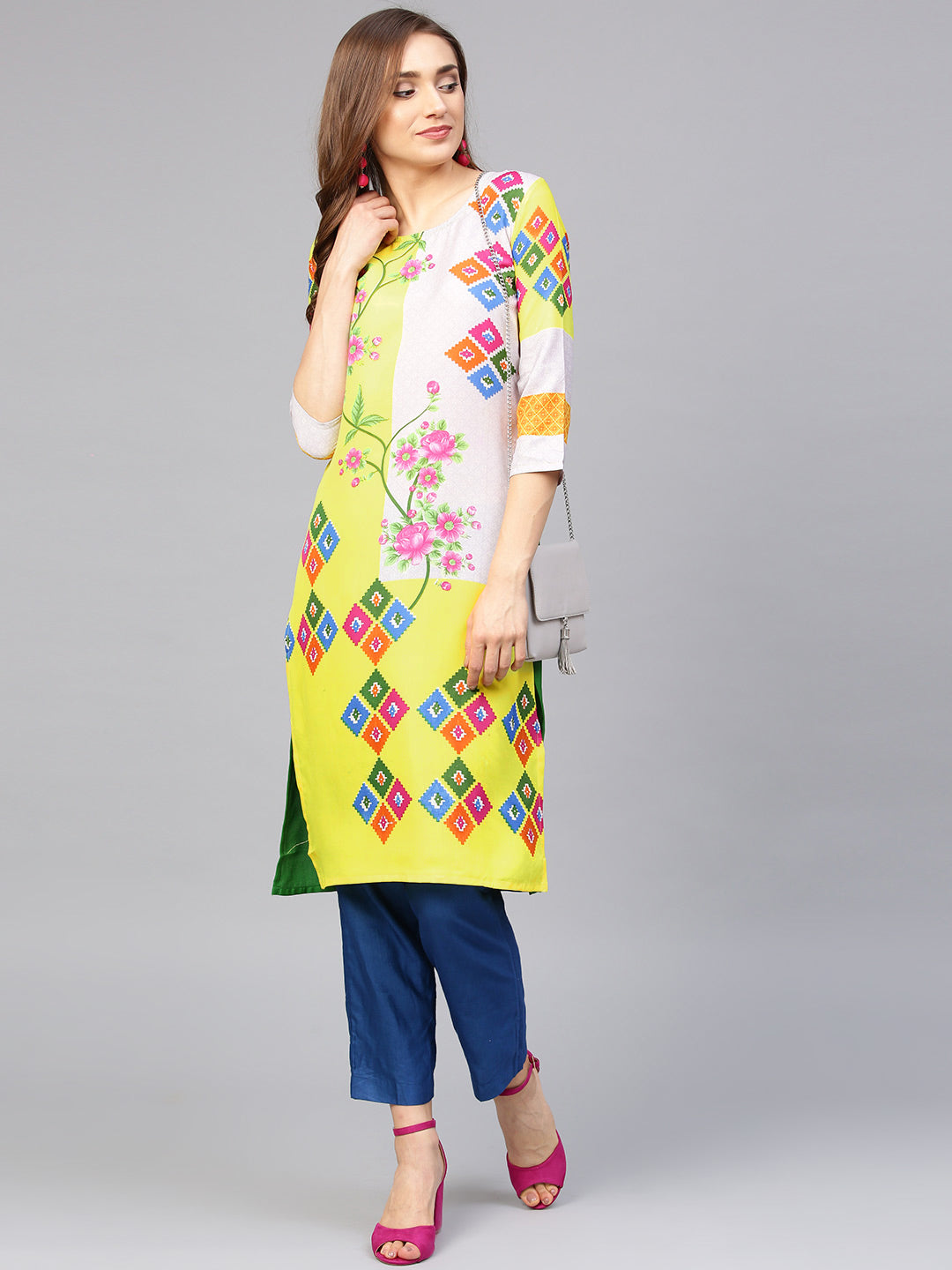 Yellow Cream Color blocked Printed Straight Kurta with floral motifs