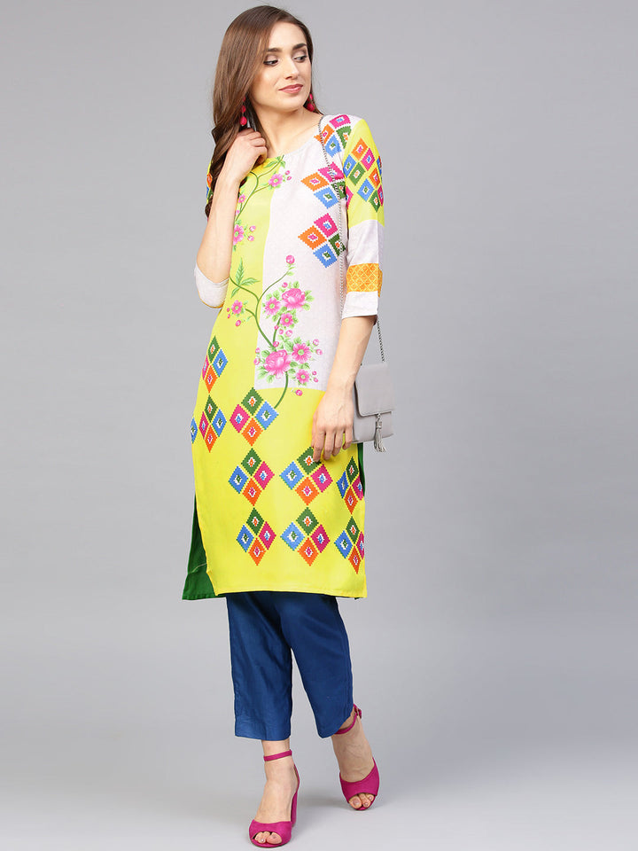 Yellow Cream Color blocked Printed Straight Kurta with floral motifs