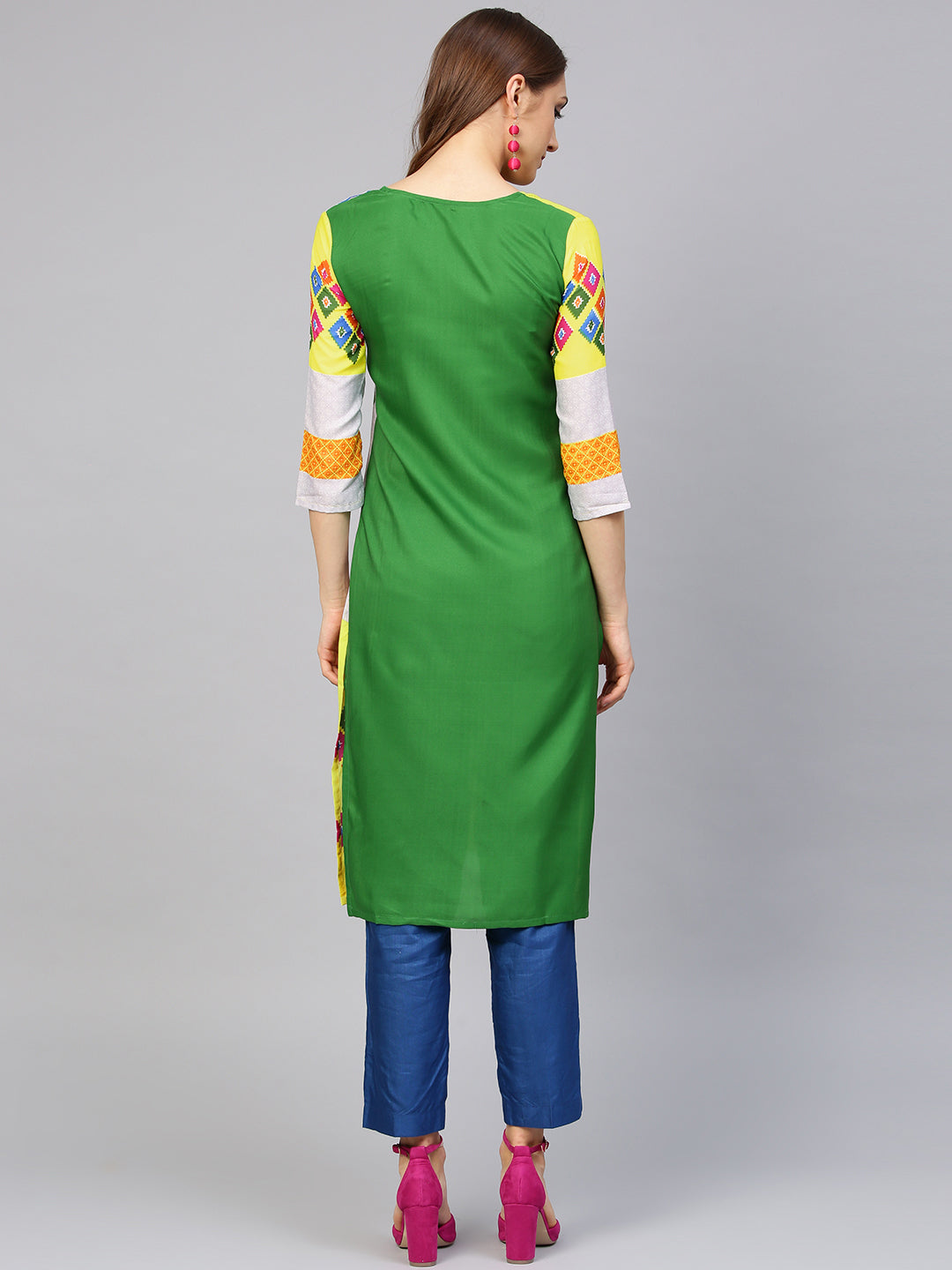 Yellow Cream Color blocked Printed Straight Kurta with floral motifs