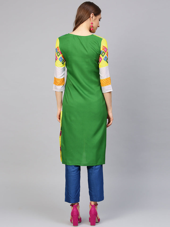 Yellow Cream Color blocked Printed Straight Kurta with floral motifs