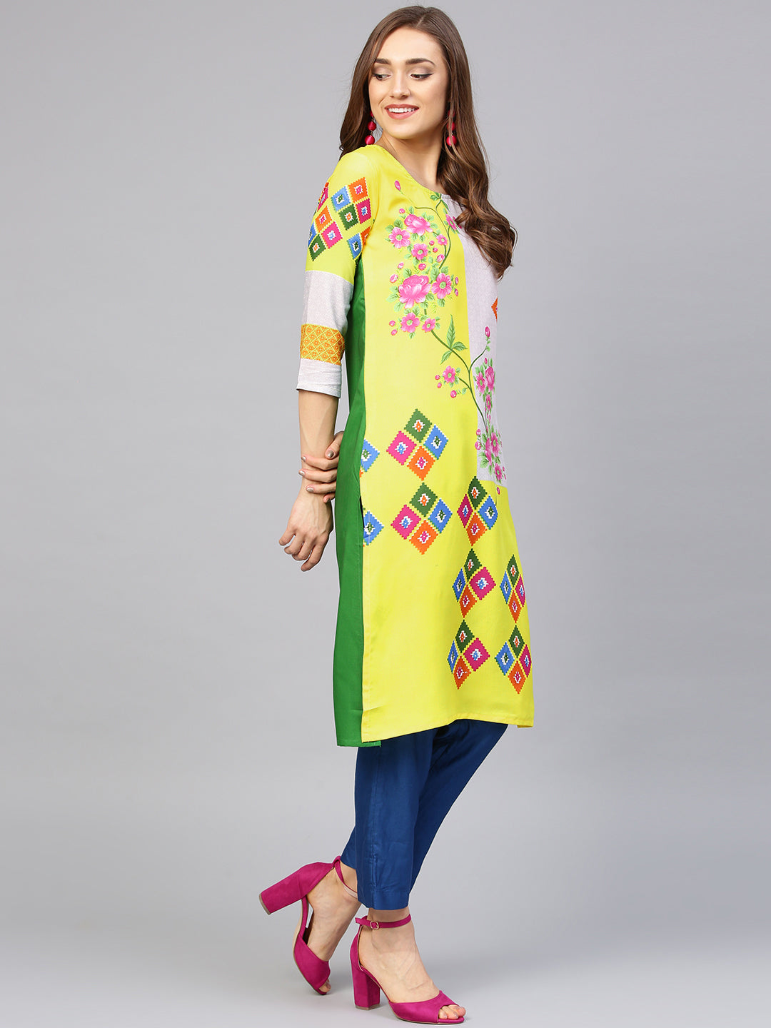 Yellow Cream Color blocked Printed Straight Kurta with floral motifs