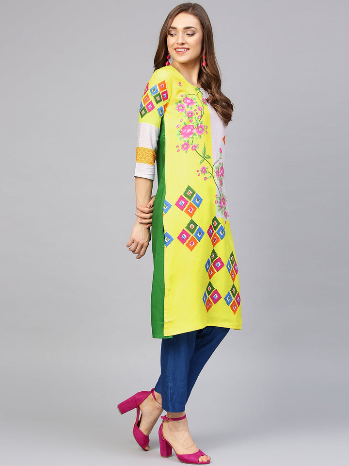 Yellow Cream Color blocked Printed Straight Kurta with floral motifs