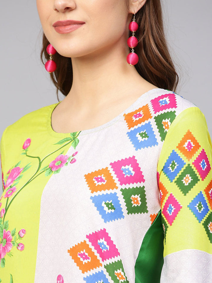 Yellow Cream Color blocked Printed Straight Kurta with floral motifs
