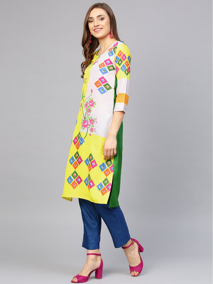 Yellow Cream Color blocked Printed Straight Kurta with floral motifs