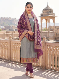 Grey Silk Suit with Wine Zari Woven Paisley Dupatta
