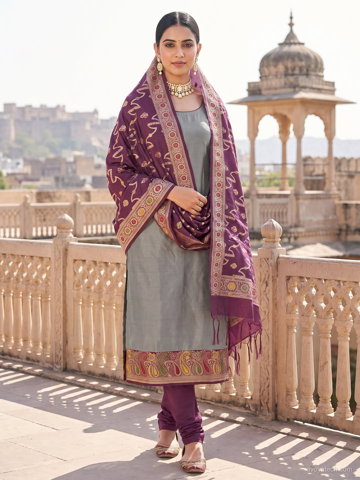 Grey Silk Suit with Wine Zari Woven Paisley Dupatta
